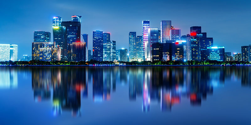 Skyline of Hangzhou's Modern City on Qiantang River